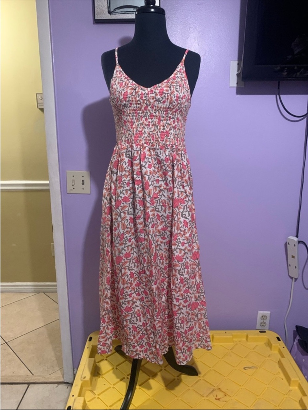 Dra Los Angeles Pink Floral Maxi Dress with Smocked Bodice